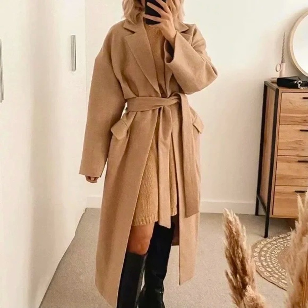 Zara wool belted coat tan š„blogger style aritzia maxmara nanushka - Picture 3 of 16
